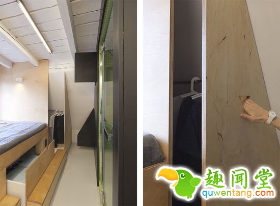 床从地面提高，它的背后和地下都用作储物空间